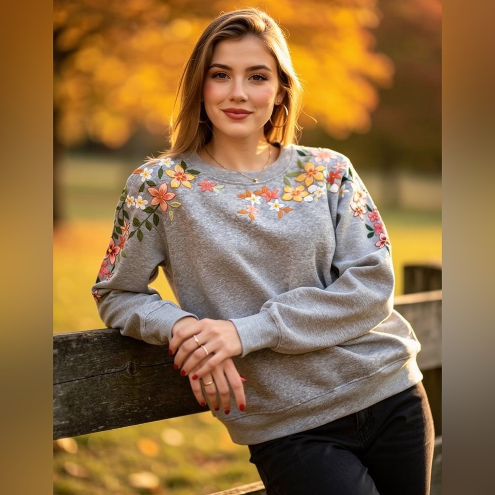 Heather Gray Crewneck Sweater with Hand Stitched Floral Embroidery